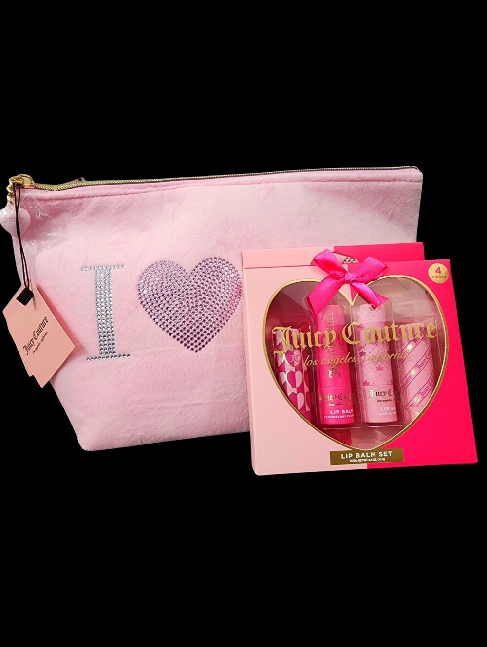 NWT Juicy Couture "I ♥️ JC" Velour & Rhinestone Cosmetic Bag & Lip Balm Gift Set